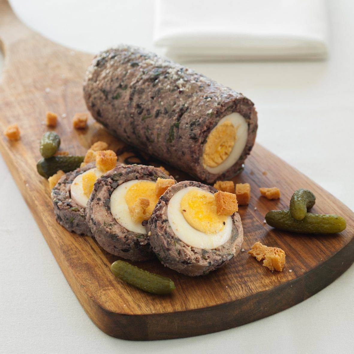 George Calombaris’ Egg Rolo with Garlic Croutons & Cornichons