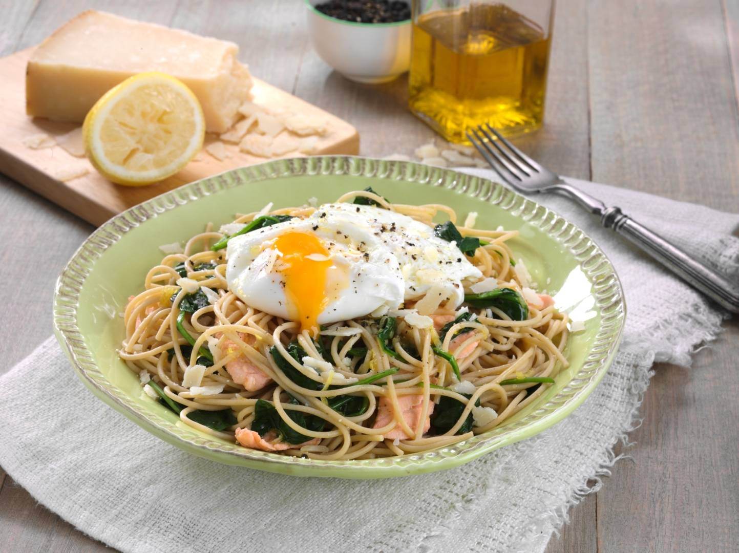 Spaghetti with Poached Egg, Salmon & Spinach