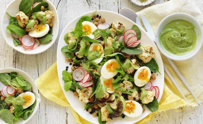 Roast Cauliflower & Egg Salad with Avocado Dressing