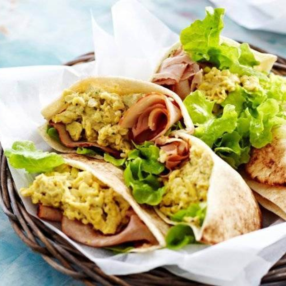 Pitas filled with Ham and Pesto Scrambled Eggs