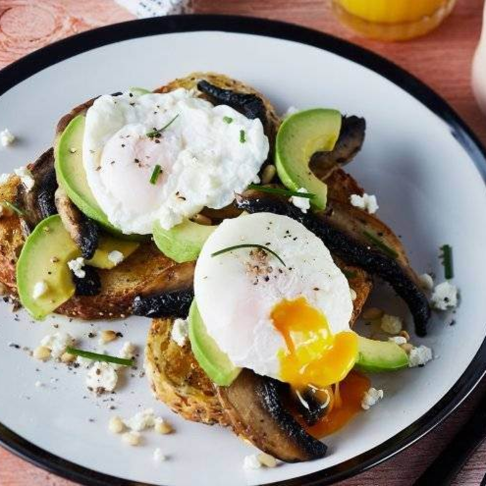 Poached Eggs with Sauteed Field Musooms and Avocado