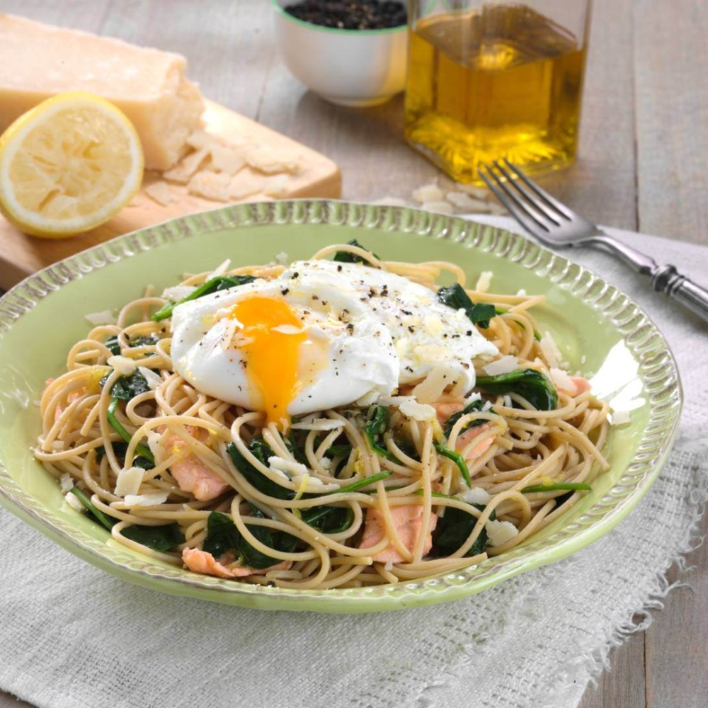 Spaghetti with Poached Egg Salmon and Spinach